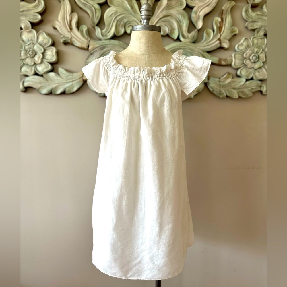 Cotton Linen Blend White Ruffle Dress - Small
